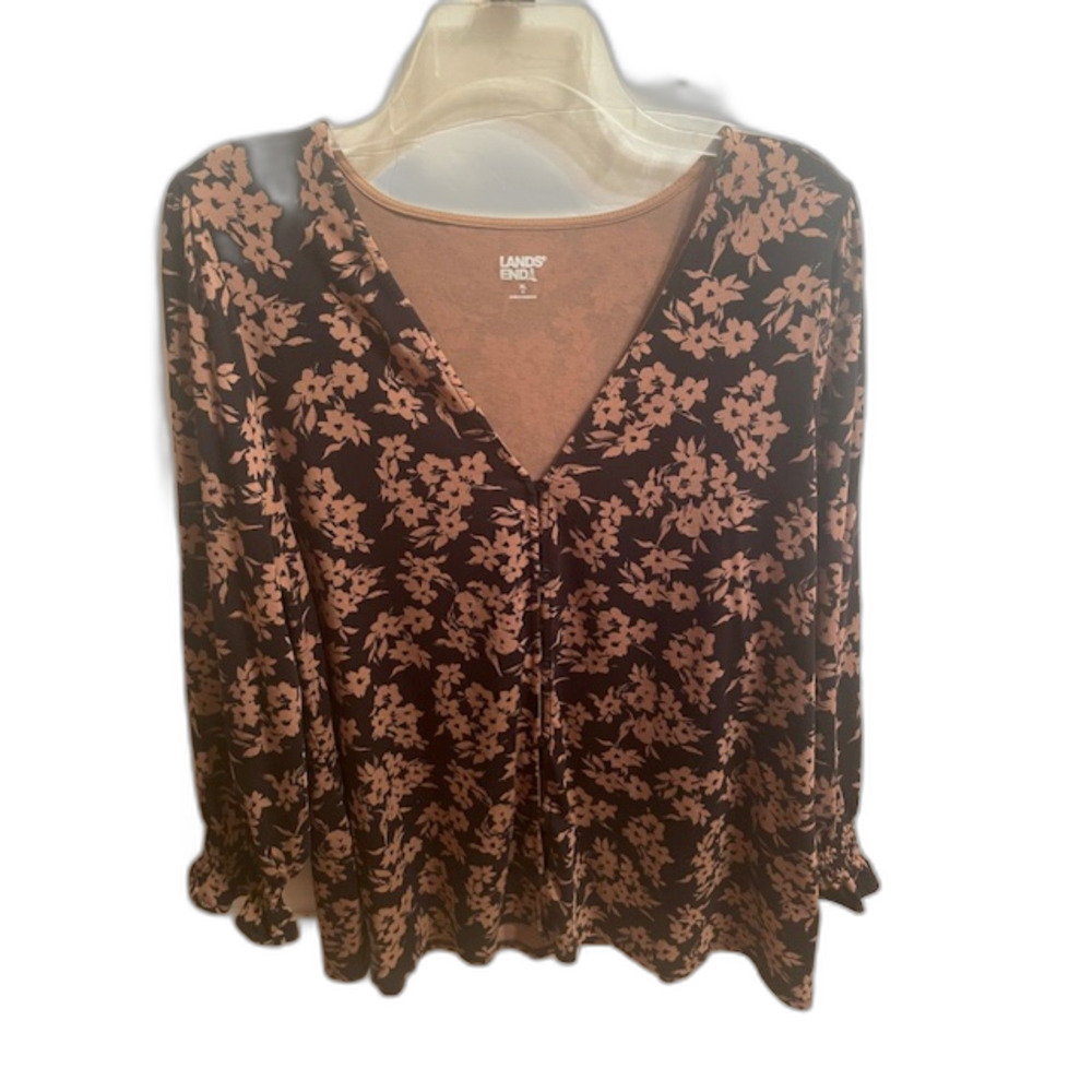Lands' End women's V-neck long sleeve blouse in a dark brown floral print XL